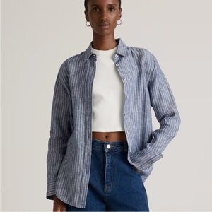 Quince Women 100% European Linen Long Sleeve Shirt Chambray Stripe L